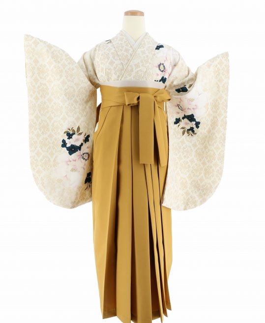 卒業式着物[くすみカラー]クリームにベージュのアラベスク模様・藤色の花柄No.809